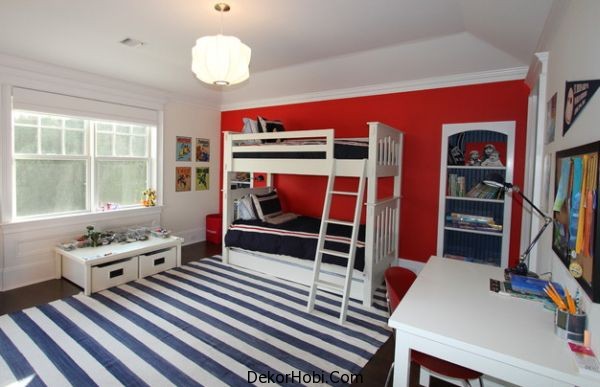 Boys-bedroom-in-white-red-and-blue-with-bunk-beds-and-lovely-lighting